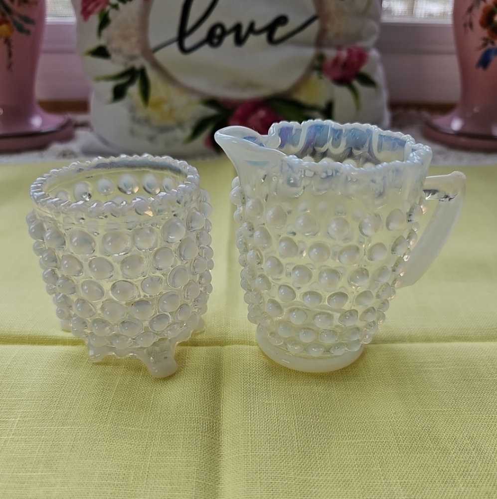 Vintage Ruffled Rim Cream & Sugar Hobnail Opalescent  Glass